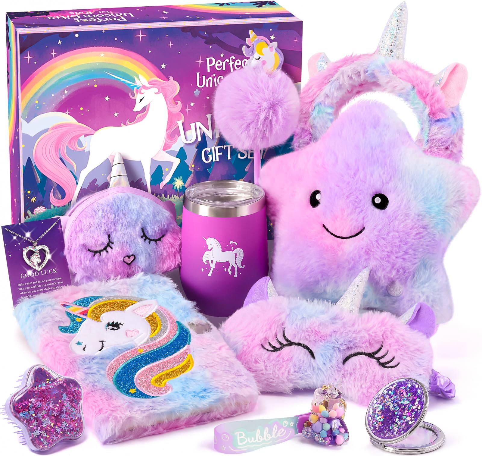 Tacobear Unicorn Gifts For Girls Toys 6 7 8 9 10 Years, 11Pcs With Light Up Star Pillow Plush Diary Tumbler Headband Mirror Comb